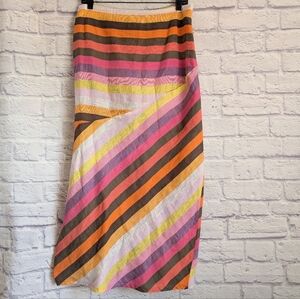Alembika Colorful Stripe Linen Blend Midi Skirt 3 Pink Orange White Boho Artsy